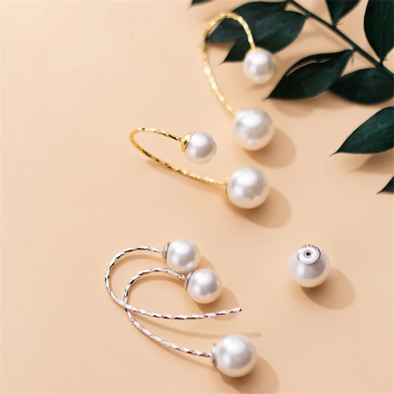 WANTME Real 925 Sterling Silver Minimalist Pearl Line Studs Earrings for Women Party Wedding Fine Hoop Jewelry Accessories Gift - Image 2