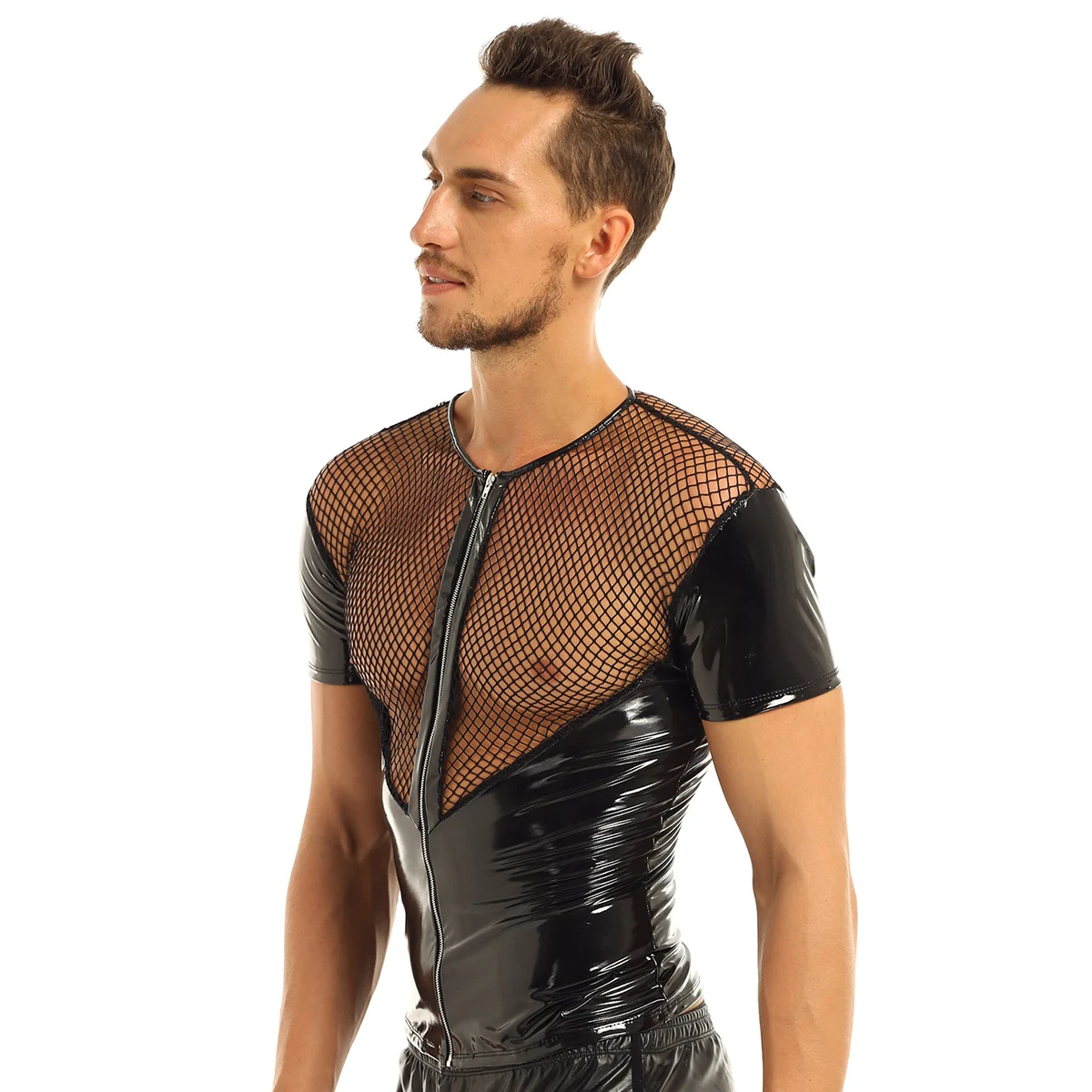 Мужская одежда Wetlook из лакированной кожи в сеточку с экзотическими танками Клубная одежда короткий рукав круглый вырез спереди молния Топ рубашка сценический костюм