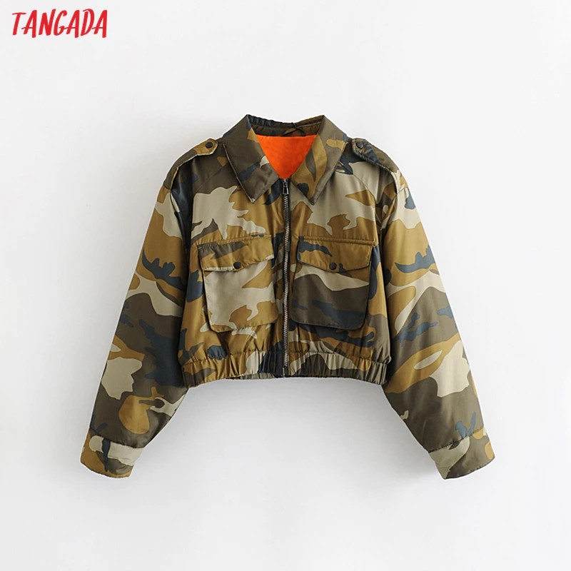 

Tangada 2019 Winter Women Camouflage Oversize jackets Zipper thin Pocket Female Coat Short Style Casual Jacket 3W105