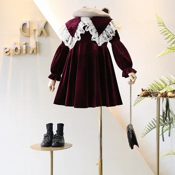 

3-7 years girl baby small fragrance wind fashion gold velvet thickened dress princess winter new children's comfortable dress