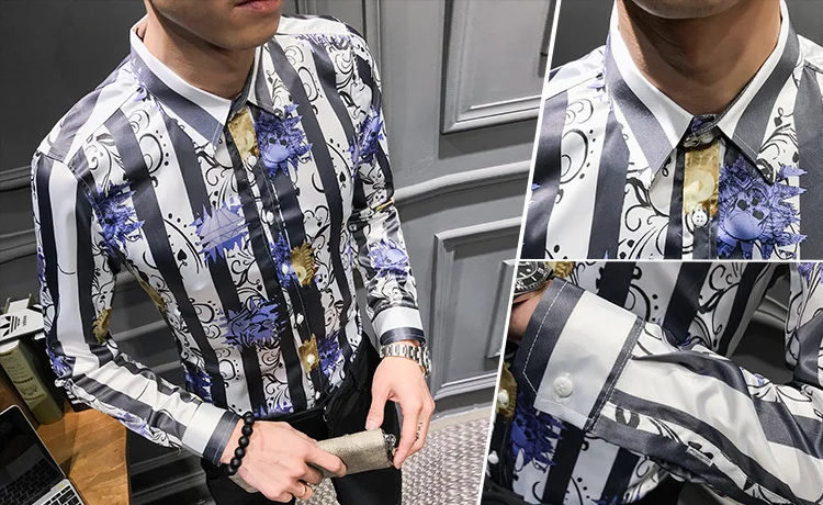 Англия Мужская рубашка для ночного клуба, полосатые рубашки с длинным рукавом, повседневные облегающие вечерние рубашки для смокинга, мужская рубашка с отложным воротником Camisa
