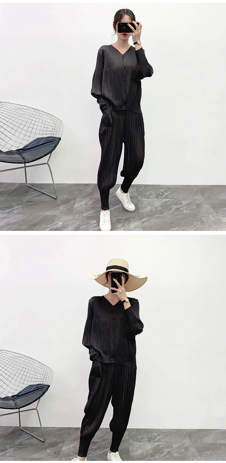MIYAKE плиссированные новые Yujie возраст уменьшенный показать тонкие европейские товары костюм брюки Мода темперамент комплект из двух частей женский