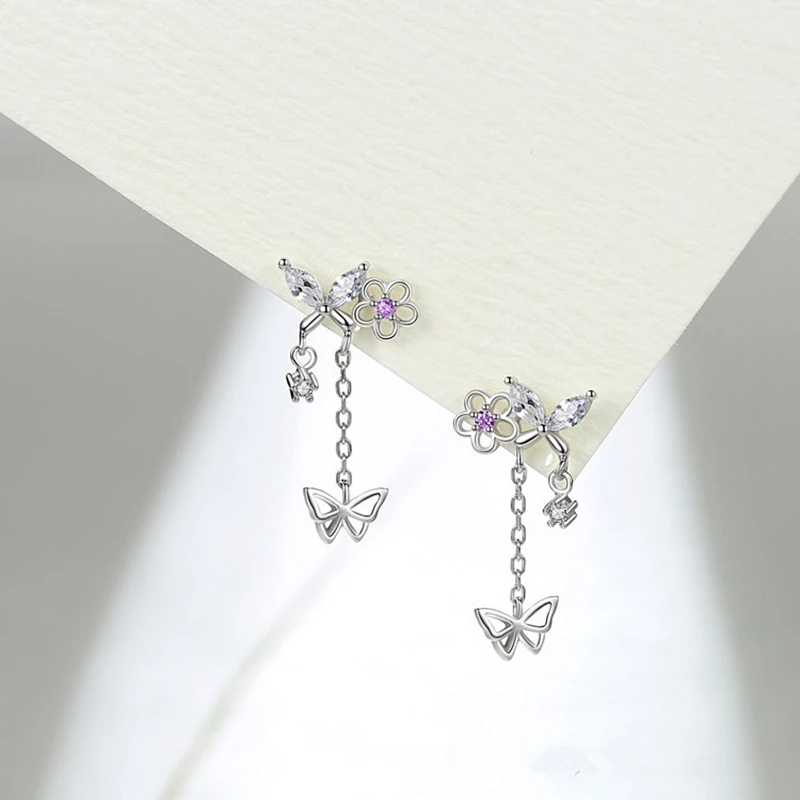 925 Sterling Silver Butterfly Tassel Ear Line Drop Earrings Female Cubic Zirconia Girl Crystal Jewelry for Women Elegant Gifts