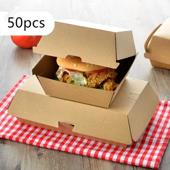 

50pcs Hamburger packaging box kraft paper pure color baking delicious bread paper box picnic party food disposable package