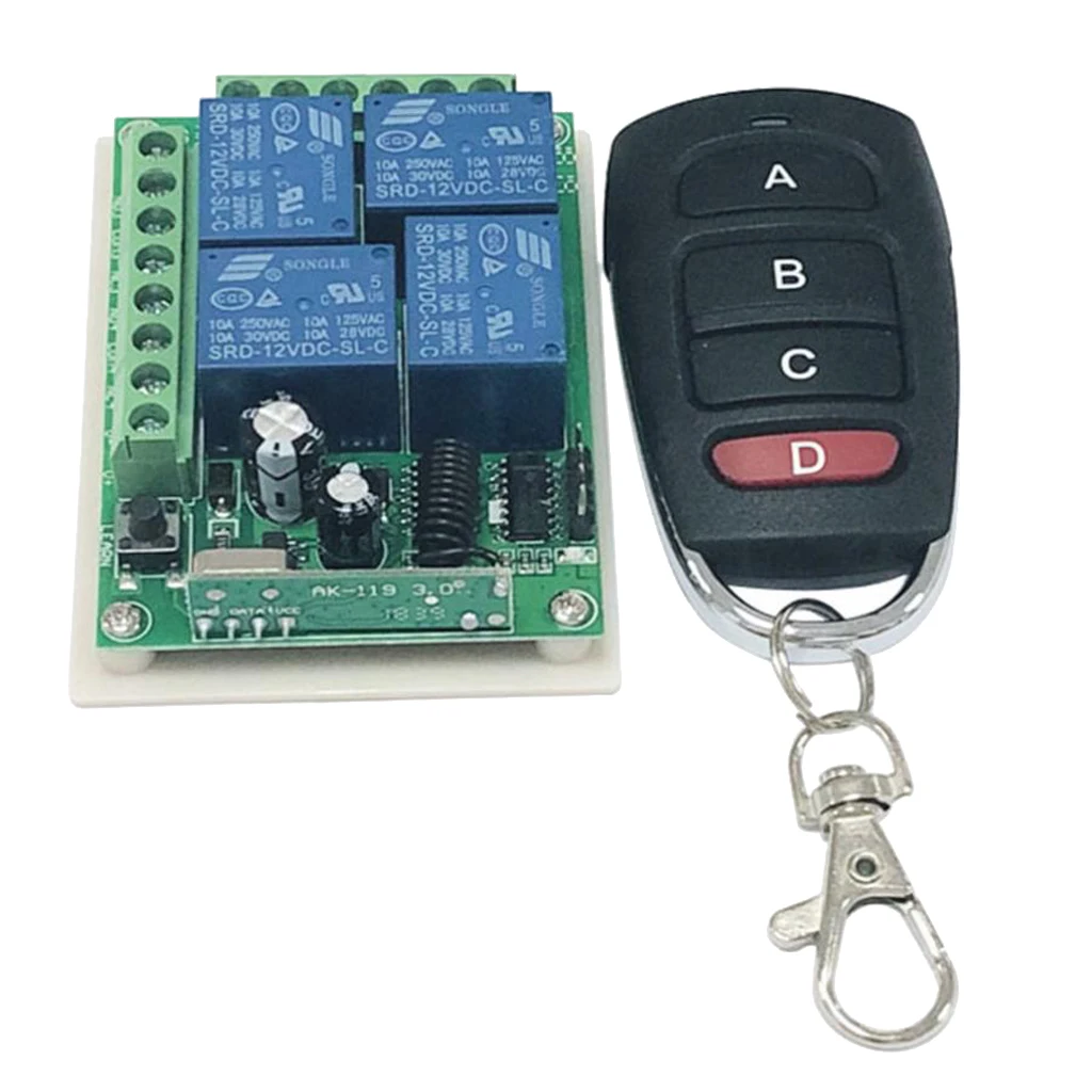 Wireless Remote Control Switch, 433MHZ Relay Receiver Module RF for Home Light/Lamp/Electronic Applicance, 433Mhz, (4 Buttons)