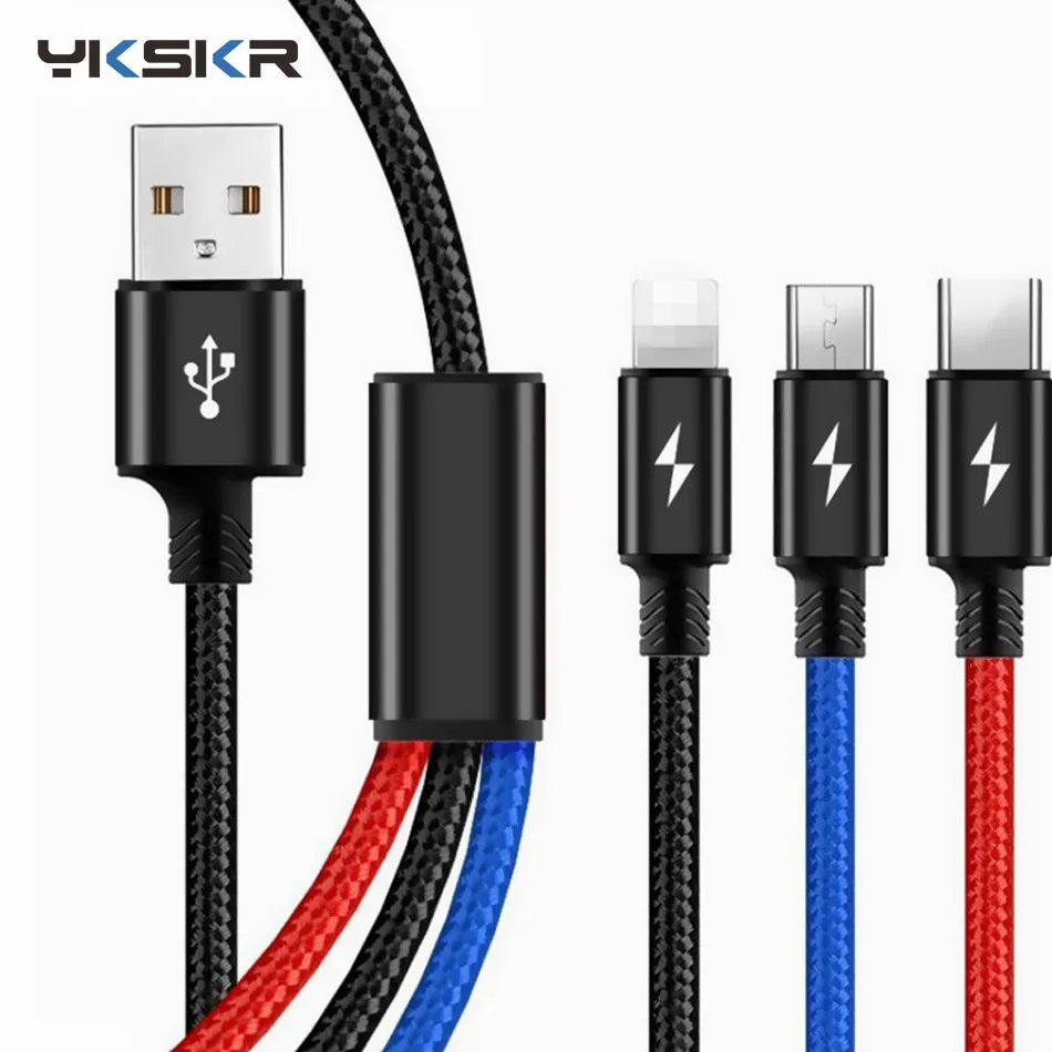 

3 in 1 USB Cable 3A for Mobile Phone Micro USB Type C Charger Cable for iPhone 7 X XS Max Huawei Samsung Fast Data Charging Cord