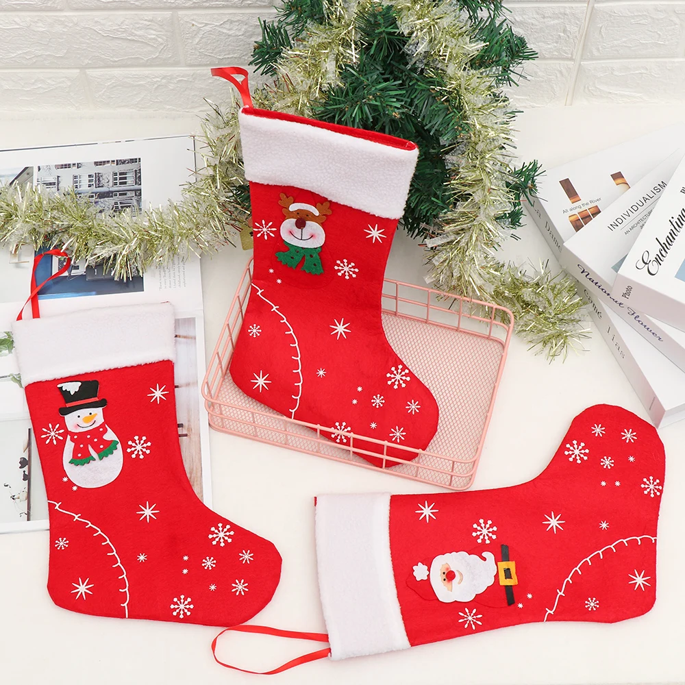Christmas Stockings Fabric Santa Claus Sock Gift Kids Candy Bag Snowman Deer Pocket Hanging Xmas Tree Ornament