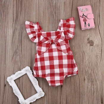 

2019 Summer Newborn Baby Girls Bowknot Red Plaid Clothes Romper Jumpsuit Outfits Playsuit