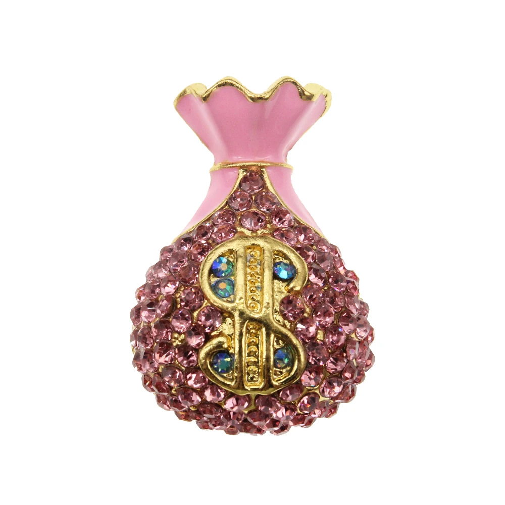 

Make custom gold tone pink rhinestone and enamel gift money purse brooch pins