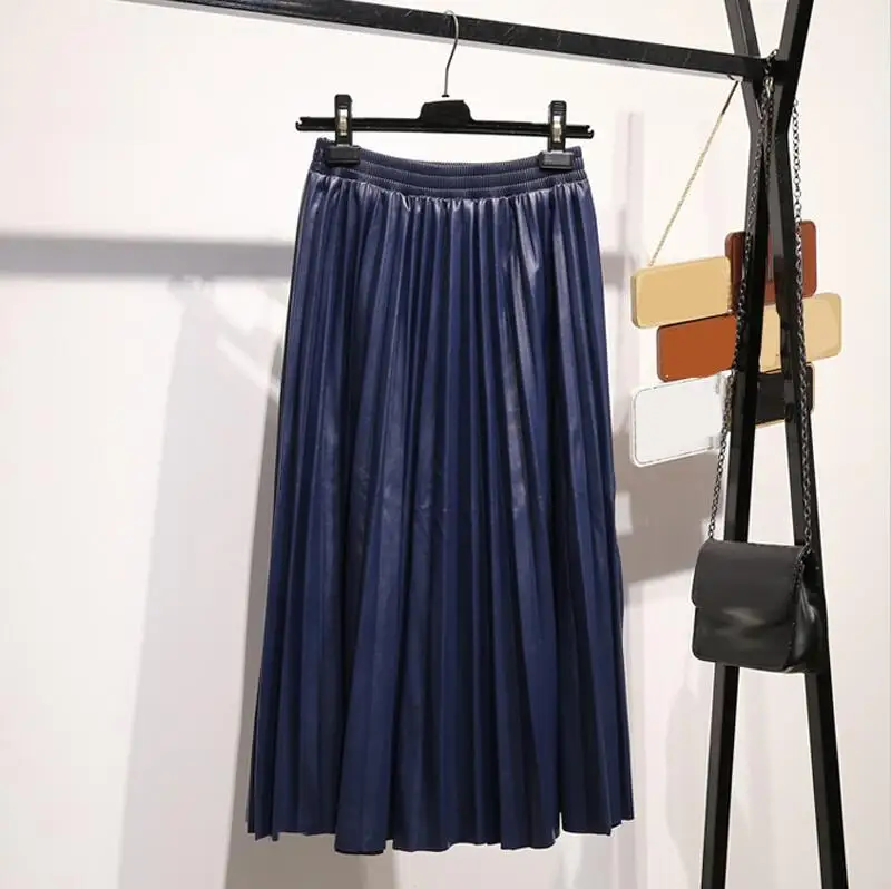 blue Плиссированная юбка из искусственной кожи, Осень-зима, модная новинка, эластичная талия, высокая талия, универсальная женская юбка, юбки размера плюс - Цвет: blue