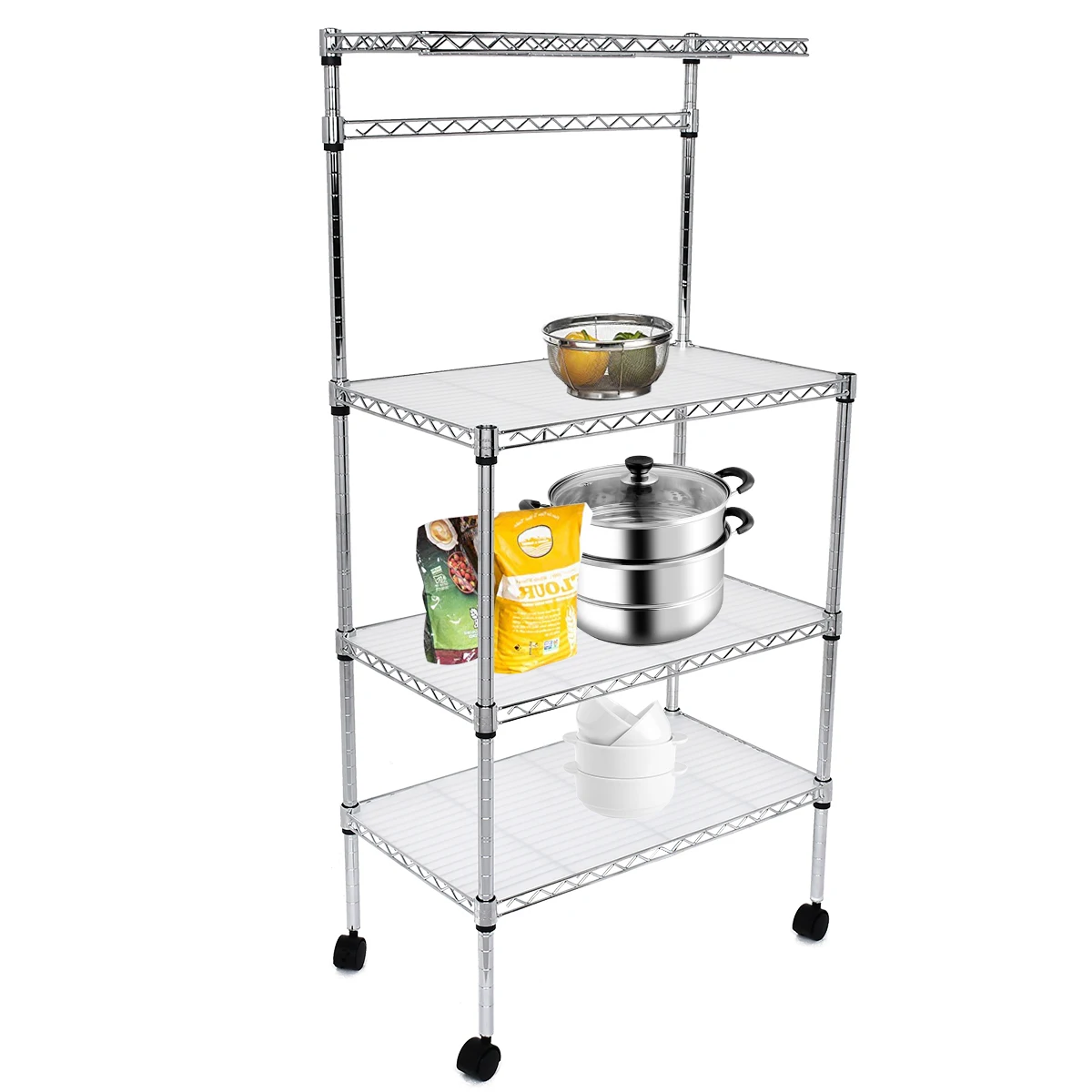 Magic Union 4-Tier Adjustable Kitchen Rack Floor Standing Rolling Rack Microwave Stand Shelf Storage Cart with Cutting Board
