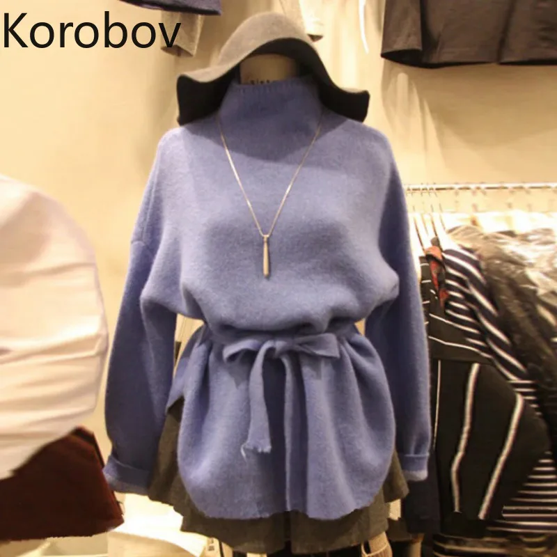 

Korobov Autumn Winter Women Solid Korean Sweater Turtleneck Split Sashes Lacing Bow Sueter Mujer Chic Knitted Pullover 78842