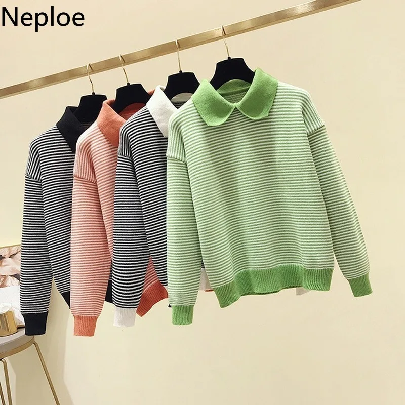 Neploe, свободный, необычный стиль, полосатый, вязаный, Pull Femme Hiver, отложной воротник, длинный рукав, пуловер, свитер для женщин, Осень-зима 47955