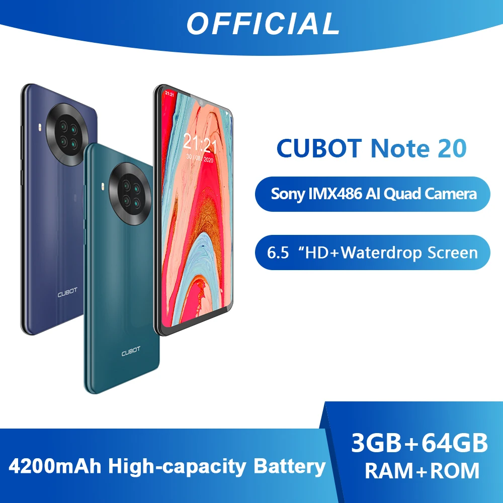 Cubot-Teléfono móvil inteligente modelo Note 20, celular con pantalla de 6.5 pulgadas, cuatri cámara trasera, Google Android 10 NFC, tarjeta SIM dual, batería de 4200Mah, 3GB RAM y 64GB ROM y 4G LTE
