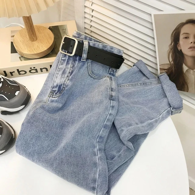 2021 New High-waist Jeans Long Pants Autumn/Winter Women's Denim Straight-leg Pants Female Loose Stretch Harlan Pants Light Blue