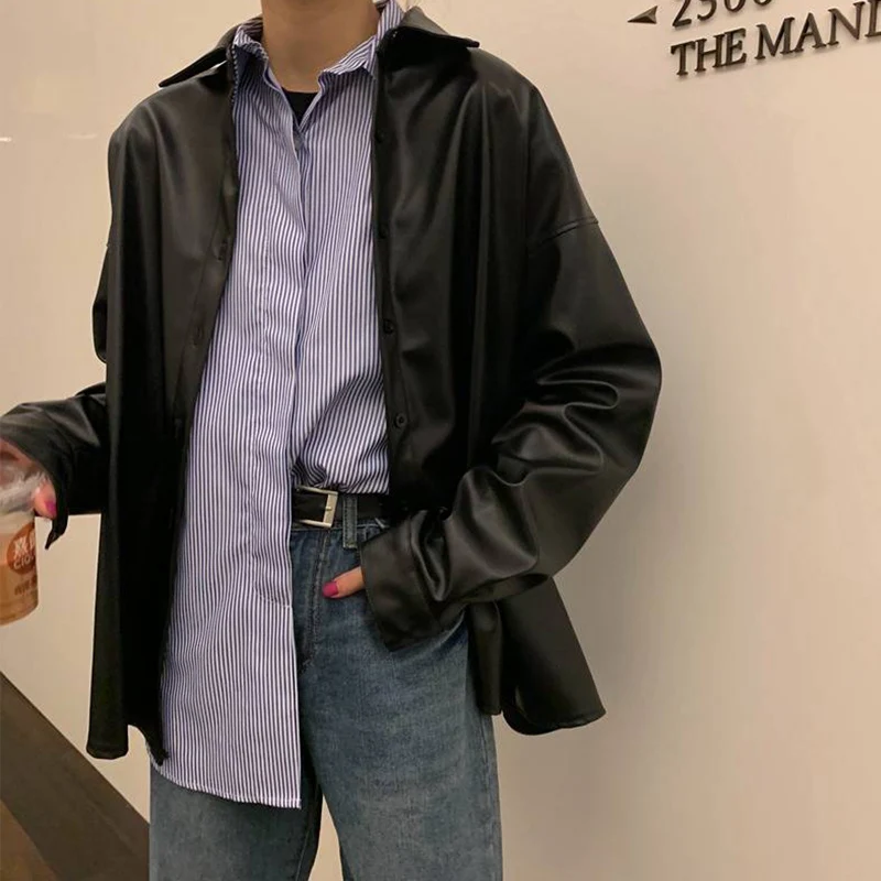 

Pu Leather Shirts Long Sleeve Womens Tops And Blouses Turn Down Collar Autumn Winter Tops Casual Black Faux Leather Shirt Female