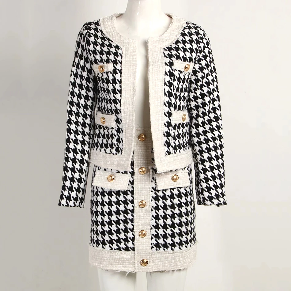 Ailigou Winter New Women'S Houndstooth Tweed 2 Sets Of Sexy Long-Sleeved Round Neck Button Coat+ Skirt Vestidos Party Suit
