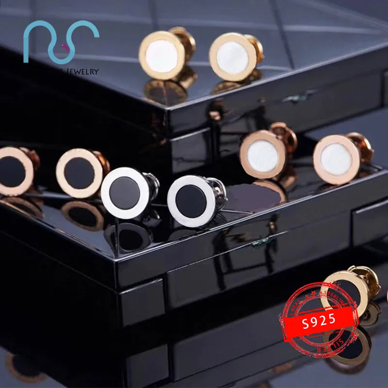 S925 Sterling Silver Earrings Brand Luxury Round Black White Pearl Oyster Earrings Original Jewelry Women's Classic With Logo