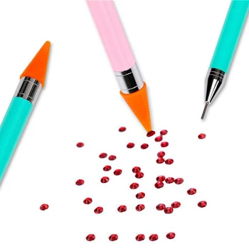 

Well Protected Metal Case Packed Dual-ended Wax Nail Rhinestone Beads Studs Sequins Picker Dotting Pen Pencil Pink Clear Handle