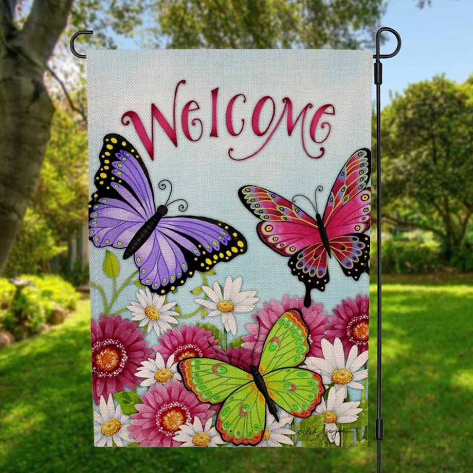 Two-Sided Butterflies Flowers Welcome Garden Flag Banner with Windproof Rubber Stopper Clip 12.5''x18.5'' 32x47cm | Дом и сад
