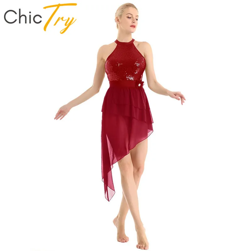 

ChicTry Adult Sequins Asymmetrical Chiffon Women Ballet Dress Gymnastics Leotard Performance Contemporary Lyrical Dance Costumes