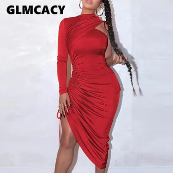 

Women One Shoulder Drawstring Ruched Dress Sexy & Club Solid Slim Night Out Asymmetrical Party Dresses