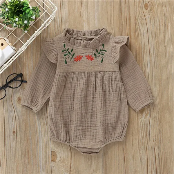 D1353 A khaki Льняной комбинезон для маленьких мальчиков и Спортивный костюм для девочек с длинными рукавами, с оборками и цветочным принтом Одежда для новорожденных Одежда для маленьких девочек, детское боди D1353 - Цвет: D1353 A khaki