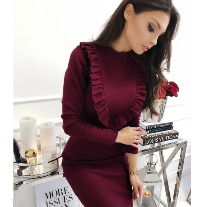 

Women Ruffles Sheath Sexy Party Dress Ladies Slim Long Sleeve Autumn Elegant Dress 2019 Solid Fashion Casual Mini Dress