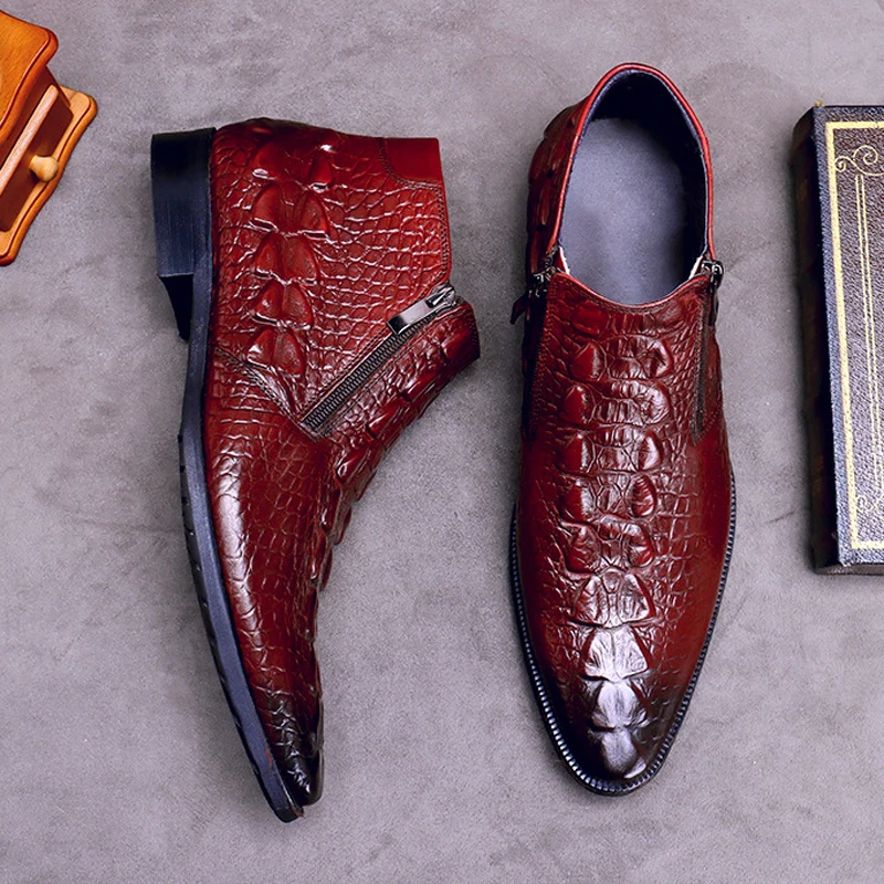Winter New Short Boots Men'sCrocodile Grain Leather High-Top Shoes Zipper Warm Cowhide Leather Boots Round Toe Oxfords