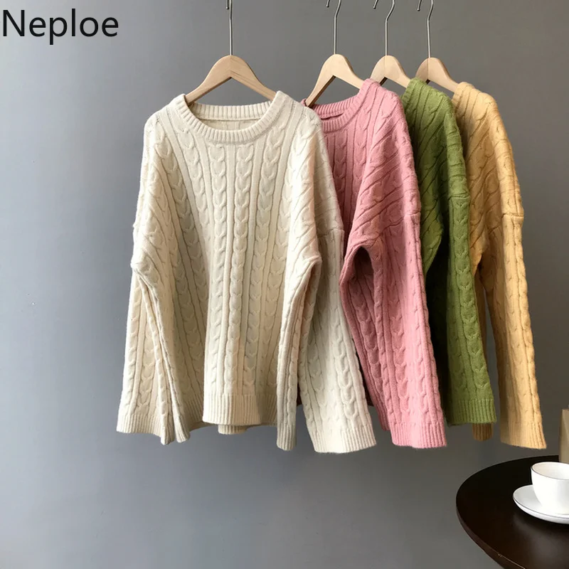 Neploe Autumn Solid Bottom Knit Student Sweater O Neck Cross Twist Pullovers Simple Wild Thick Pull Femme Hiver 45872