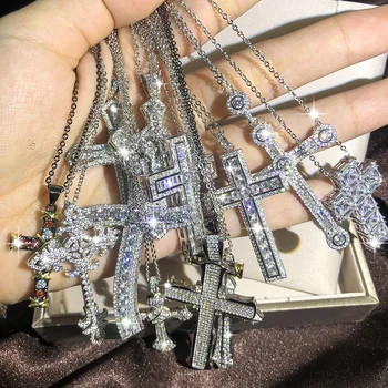 

Bling Cross Pendant Silver Color Statement Necklace with Zircon StoneLong Chain Necklace for Women Man Religious Fashion Jewelry