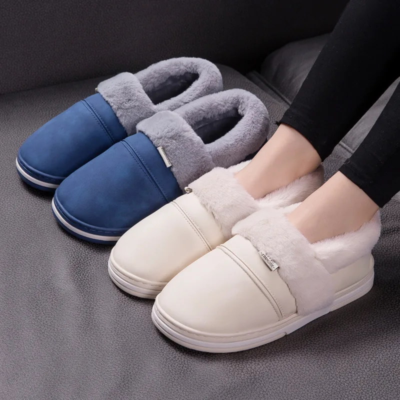 

PU Leather Waterproof Bag with Cotton Slippers Men Winter Household Indoor Thick Bottomed Anti-slip plus Velvet Warm Shoes Women