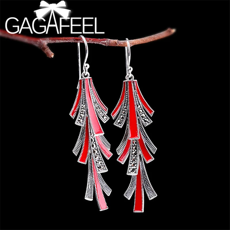 

GAGAFEEL Metal Spray Paint Long Tassel Earrings Retro 925 Silver Jewelry Women Black Red Long Dangle Earrings
