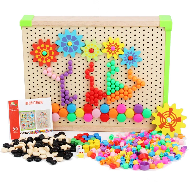 

Creative Colorful Box Mushroom Nail Combination Fight Inserted Board Jigsaw Puzzle Wooden Quality Chess Box Gear Building Blocks