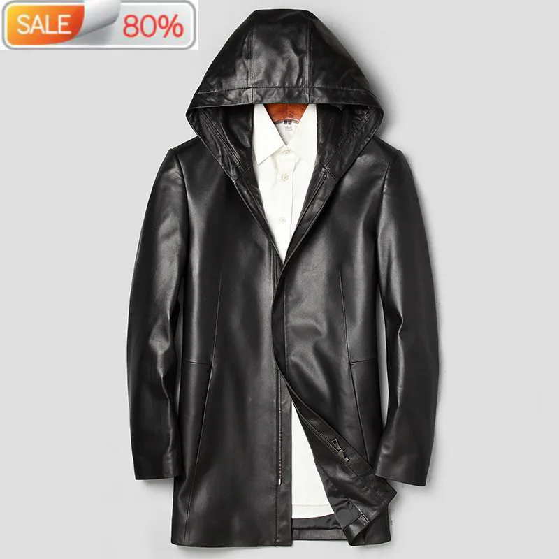 

Long Genuine Leather Hooded Jacket Korean Windbreaker Sheepskin Coat Chaqueta Cuero Hombre 71J7A66 YY271