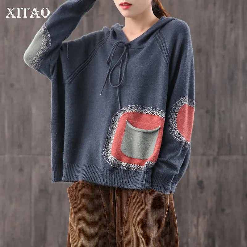 XITAO Patchwork Pocket Drawstring Pullovers Women