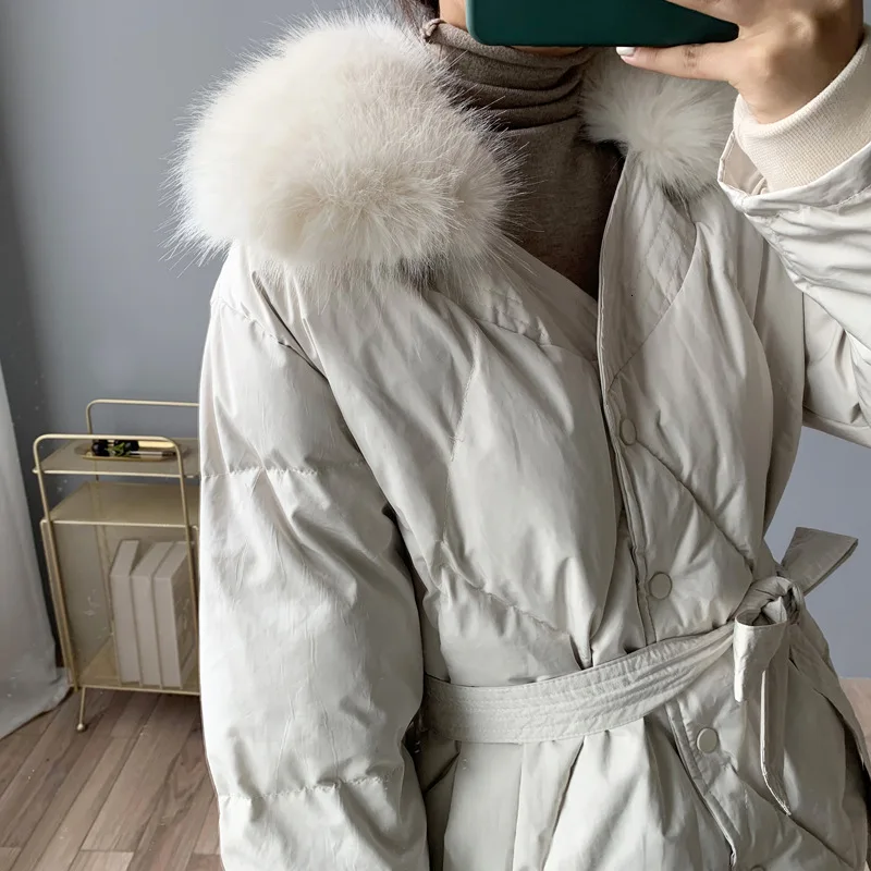 Best Fur Collar Woman Thickening Loose Cotton padded Jacket Fashion Tie Up V Neck Long Sleeve Autumn Winter Warm Coat