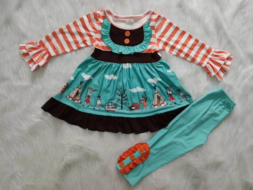 

Thanksgiving Style Girls Festival Wear Turkey Pattern Shirt Matching Ruffle Leggings Children Outfit