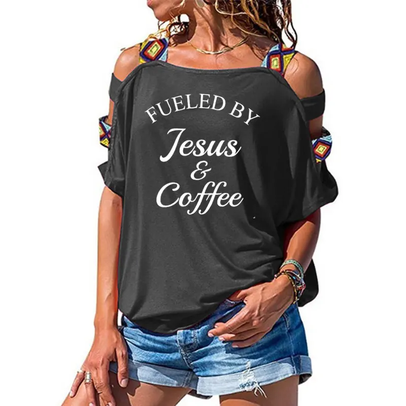 5 Fueled By Jesus& coffee Футболка женская Религиозная Христианская женская футболка с вырезами на плечах Мотивационная Библейская стих церковная футболка - Цвет: 5