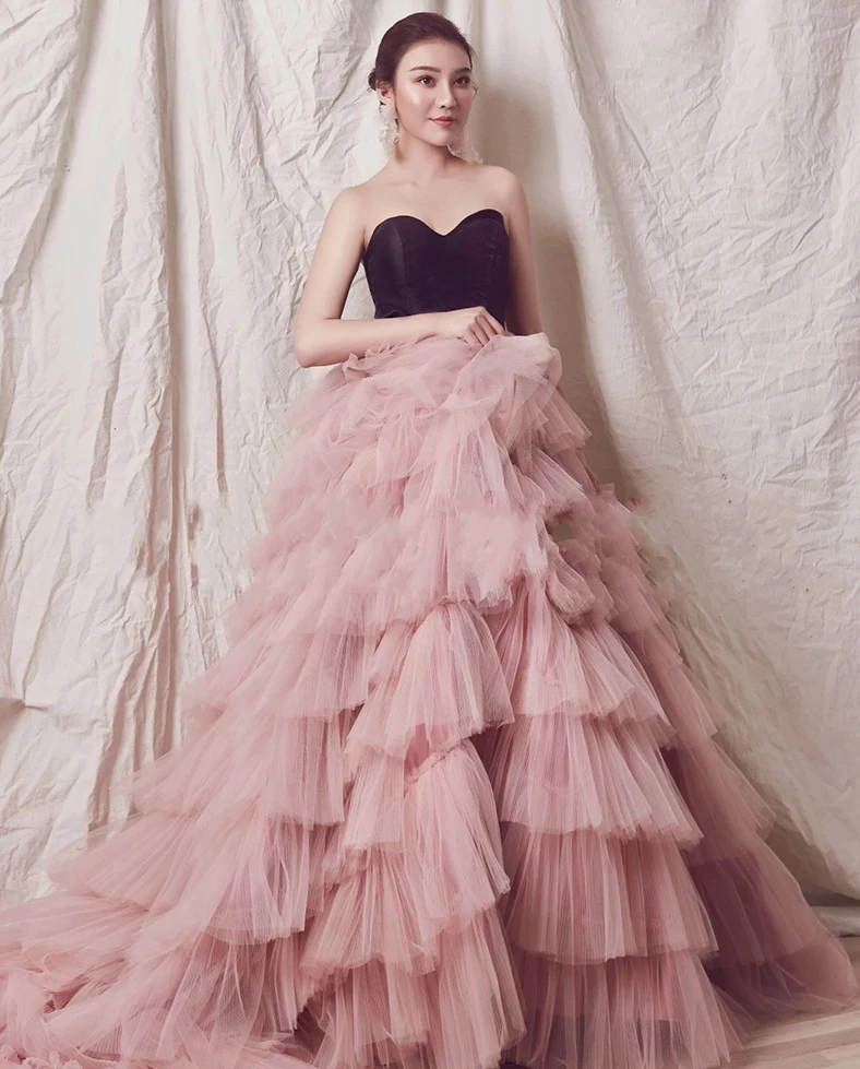 

New Trendy Bean Pink Tiered Ruched Long Evening Dresses Ruffles Puffy Tutu Prom Gowns Abendkleider 2020
