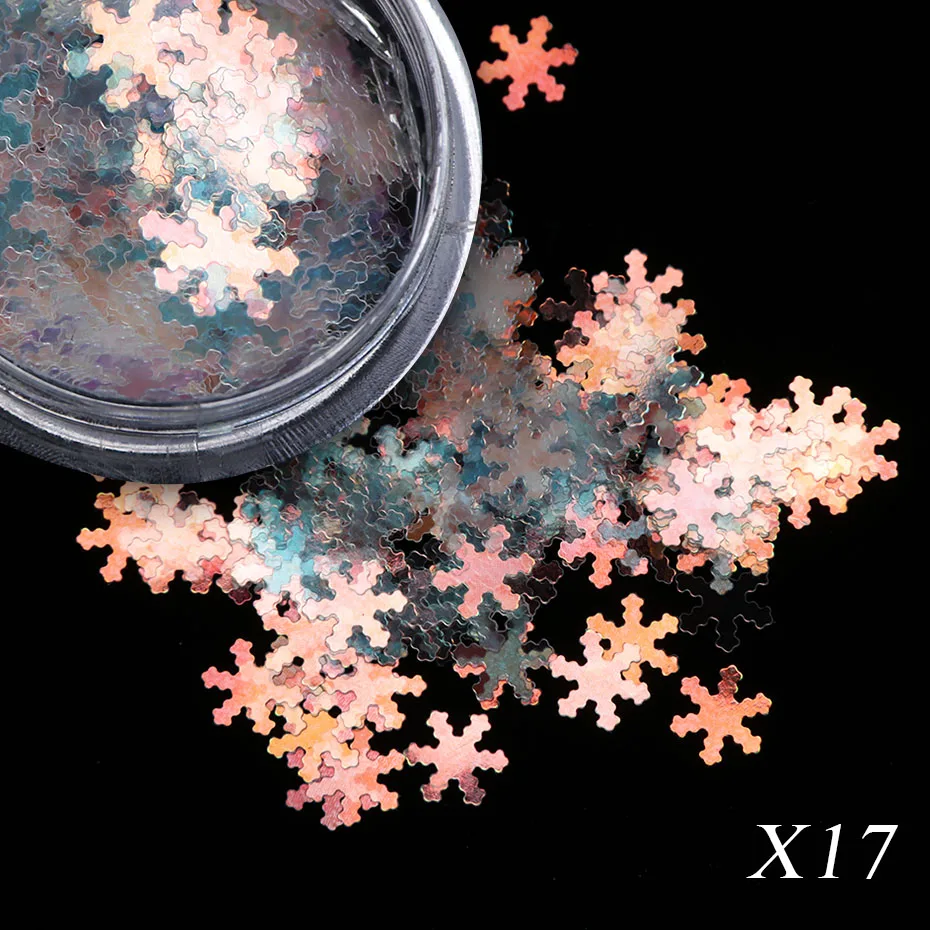 X17 1 коробка с голографическим блеском снежинки Блестки для нейл Арта(искусство украшения ногтей) Рождество снег пайеток ногтей хлопья белый лазерный порошок DIY украшения BEX1-30 - Цвет: X17