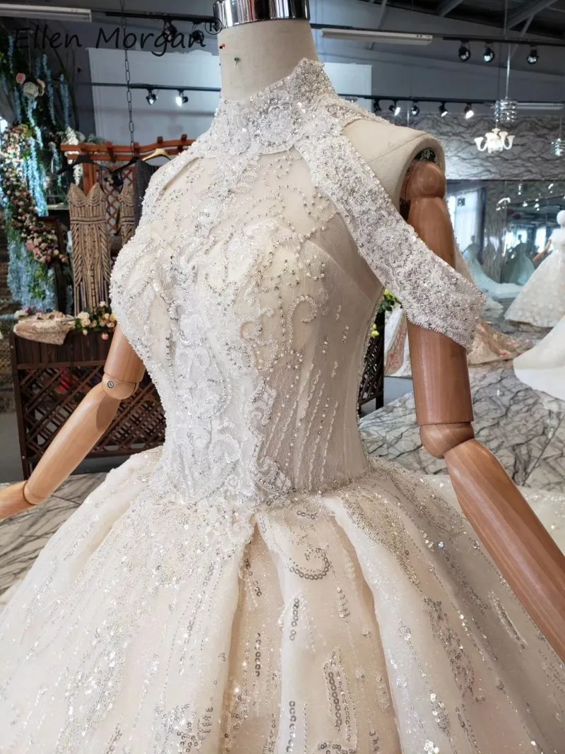 Роскошные старинные c высоким горлом кружевные свадебные платья Бисер Аппликация без рукавов бусины шлейф свадебные бальные платья Для женщин