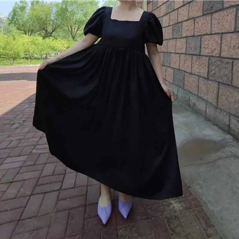 [EAM] Новое весенне-летнее черное свободное платье с круглым вырезом и короткими пышными рукавами большого размера Женская мода JW683