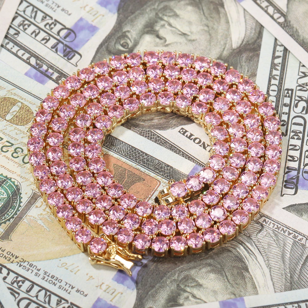 TBTK 4 мм розовое ожерелье со льдом из кристаллов циркония серебряные металлические модные ювелирные изделия Хип-хоп женские подарки подвески