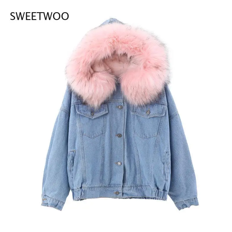 2021 Big Faux Fur Collar Denim Jacket Women Winter Hooded Warm Jean Jacket Student Basic Short Parkas Female Bomber Coat