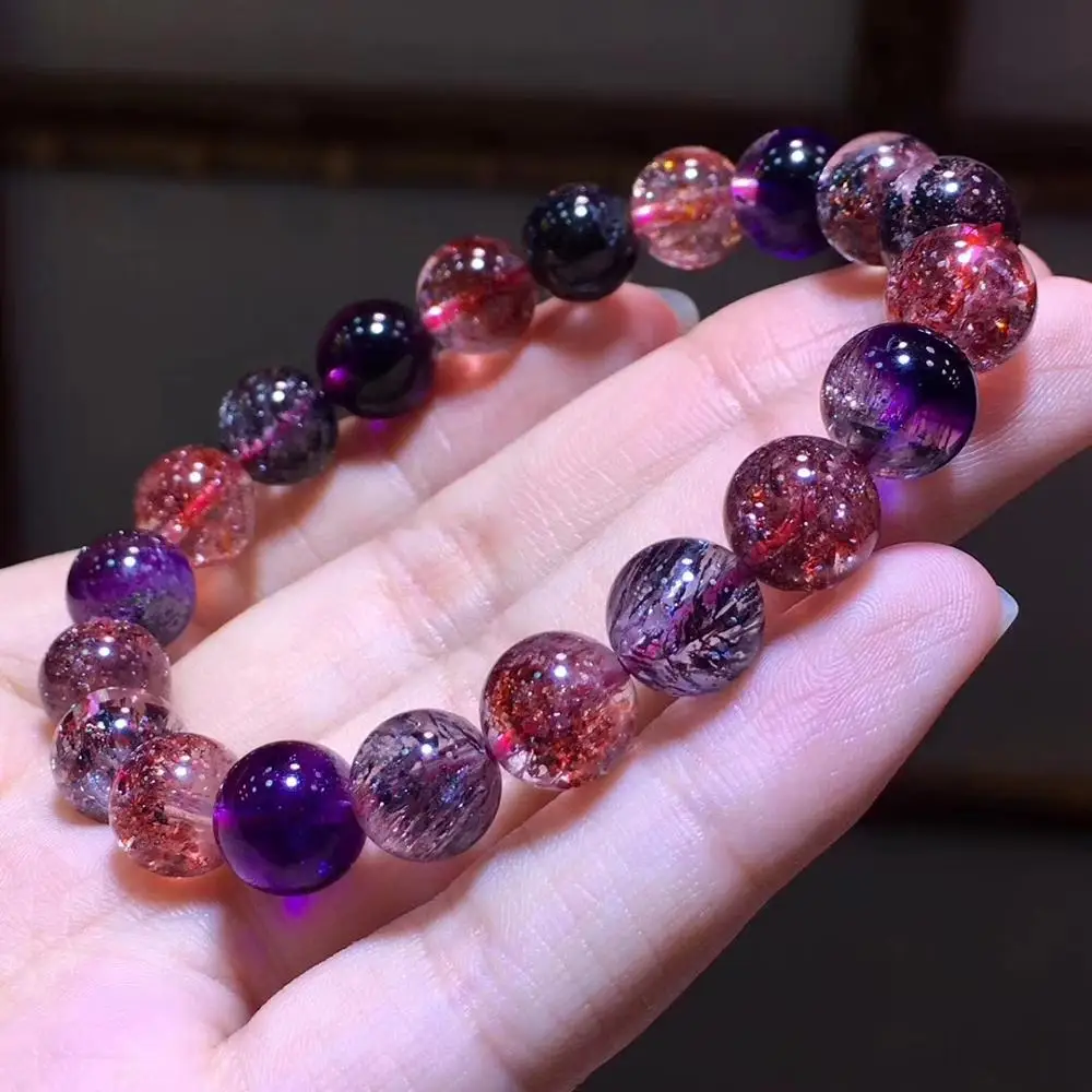 Сертификат натуральный Lepidocrocite КВАРЦ СУПЕР семь 7 рутиловых хрустальные прозрачные круглые бусины браслет 9,7 мм для женщин и мужчин AAAAAA