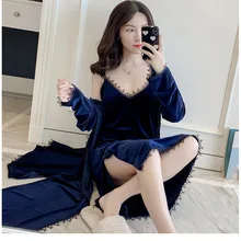 Женское велюровое кимоно, халат, свободный, 2 шт., набор халатов, ночная рубашка Lougne, осень, новая одежда для сна, Сексуальная Домашняя одежда, мягкая ночная рубашка