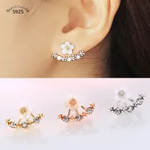 Настоящее чистое твердое 925 пробы серебряные серьги иглы для женщин ювелирные изделия кубический циркон розовое золото цветок Серебряные Серьги гвоздики