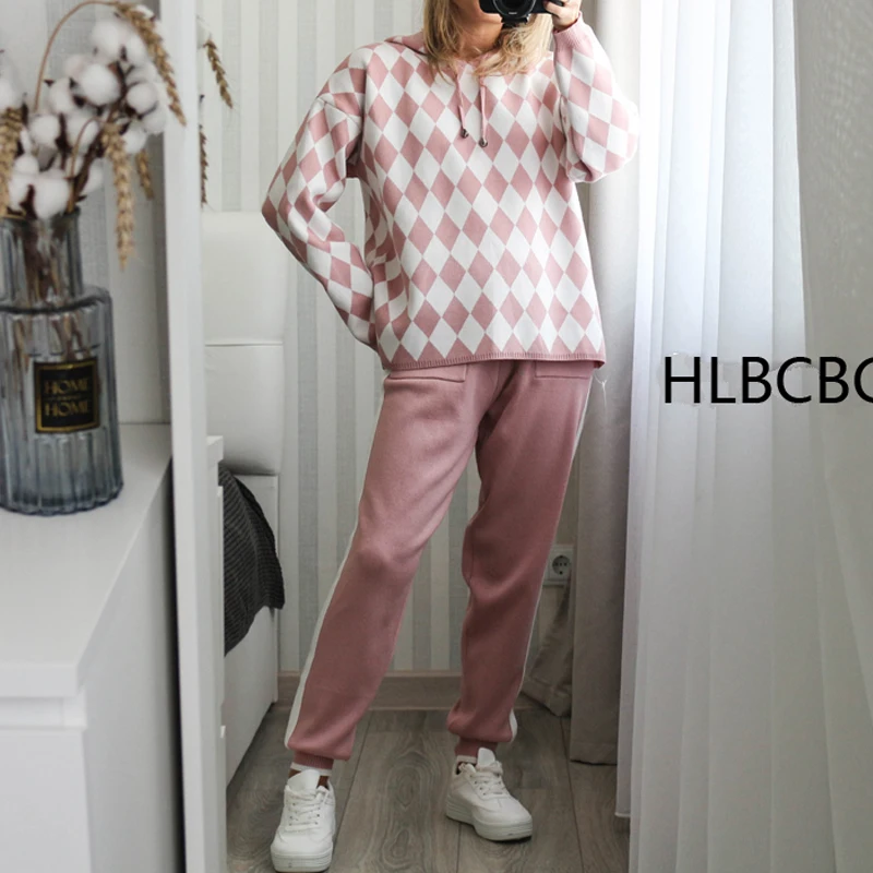 HLBCBG Two Piece Set Women Knit Sport Suits Thick Warm Turtleneck Women Sweater + Drawstring Harem Pants Winter Jogging Outfits pant suit for wedding guest