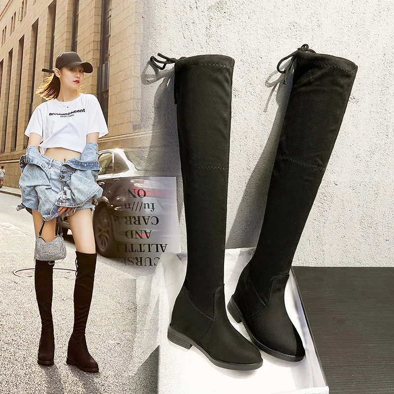 Knee high boots women's inner height small shoes show thin elastic bobbin autumn winter Knight 2020 | Обувь